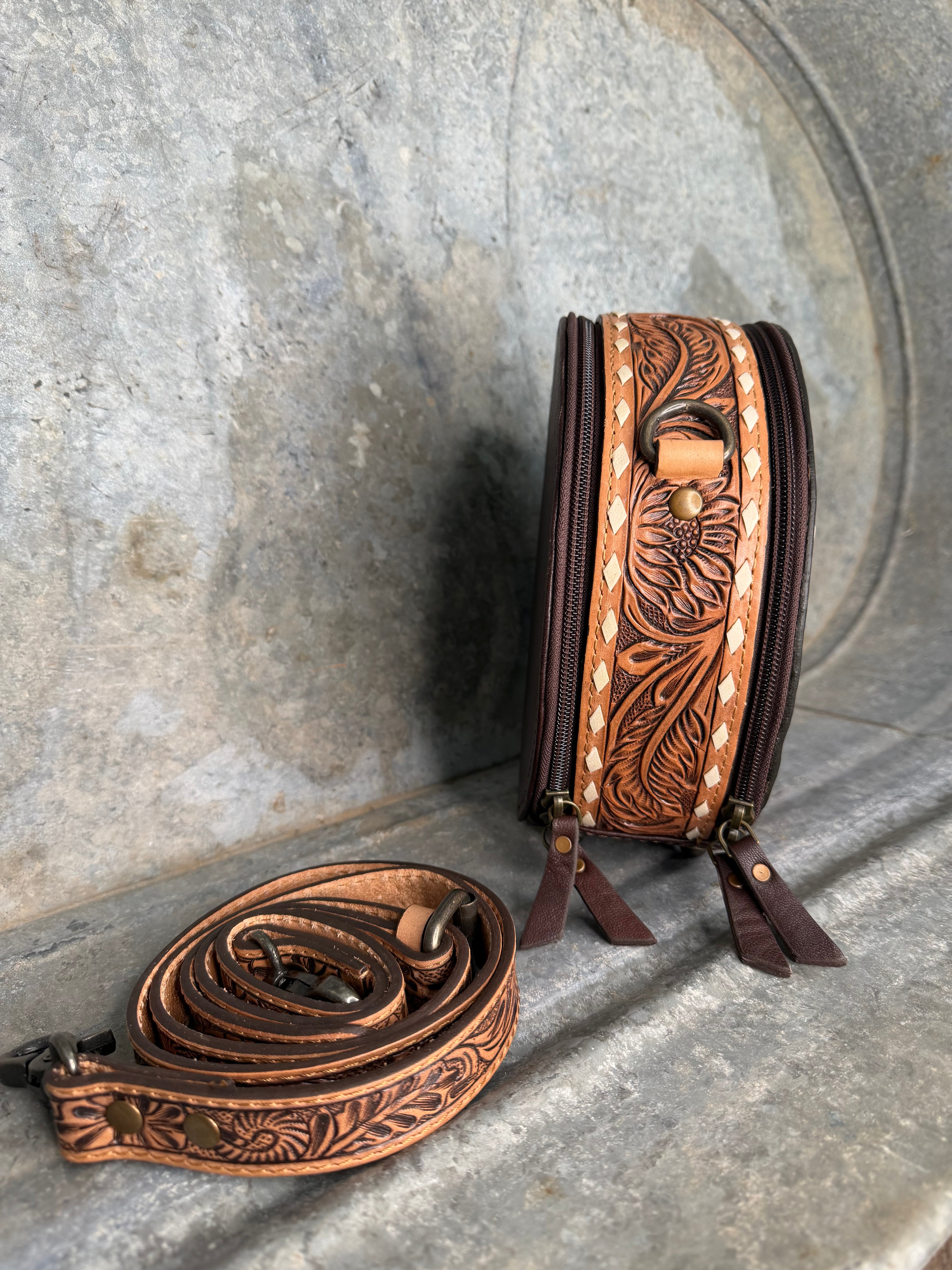 Tooled Round Crossbody