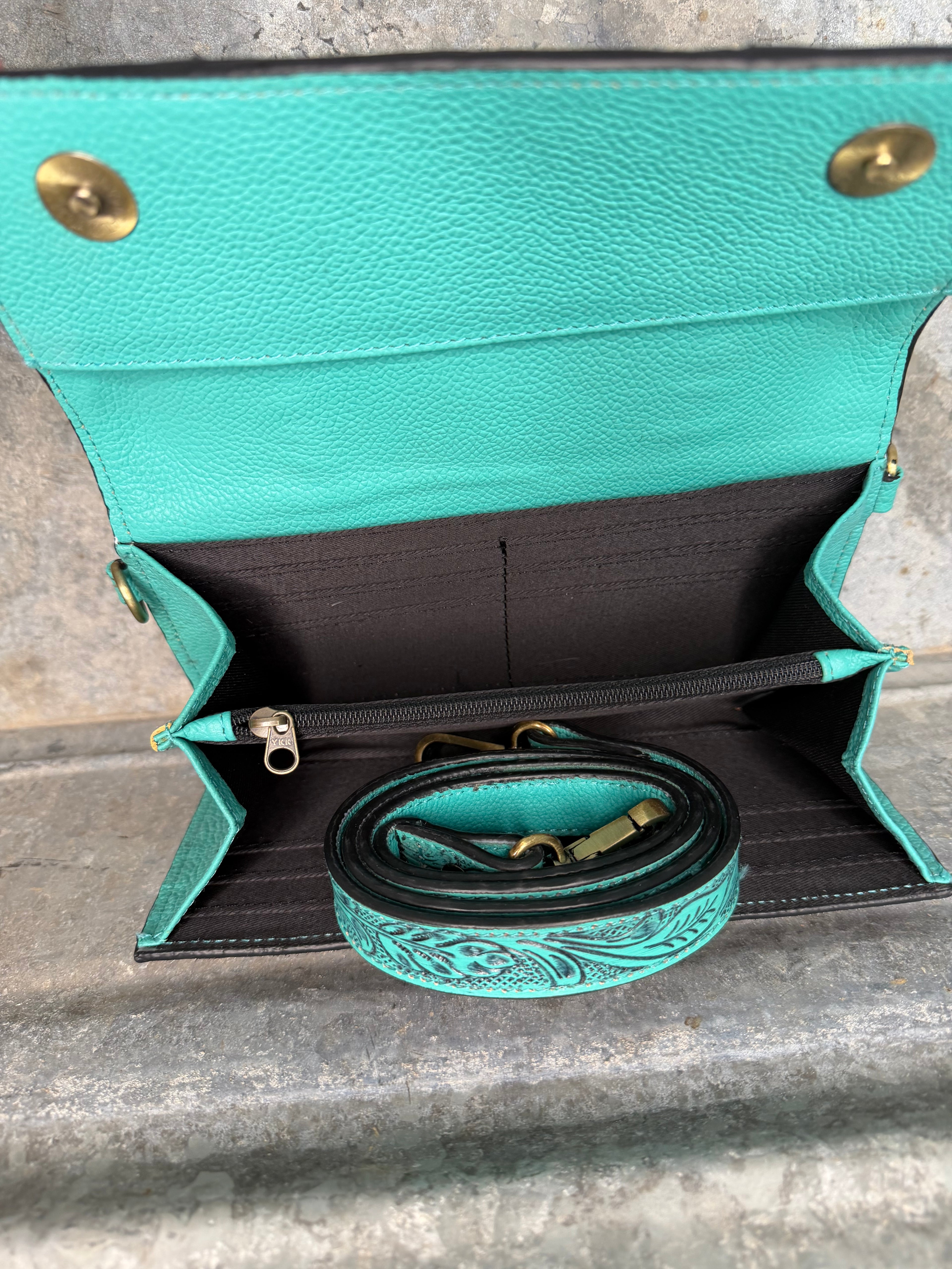 Turquoise Tooled Cowhide Wallet/Crossbody
