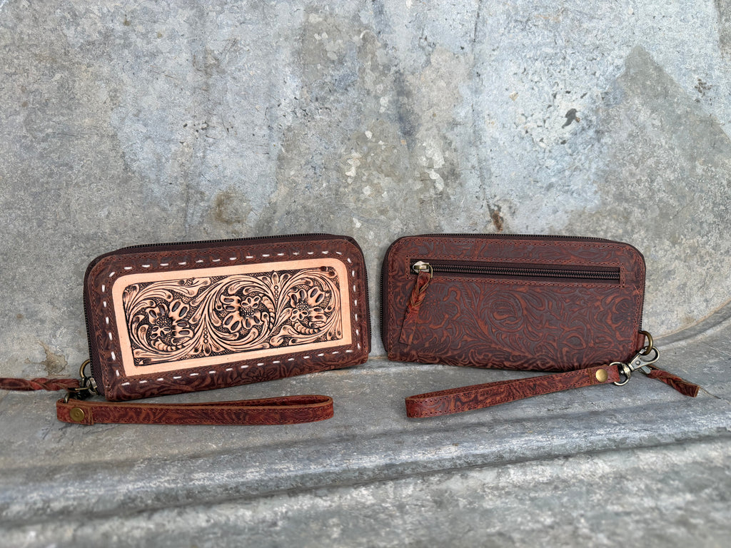 Tooled Floral Zip Around Wallet