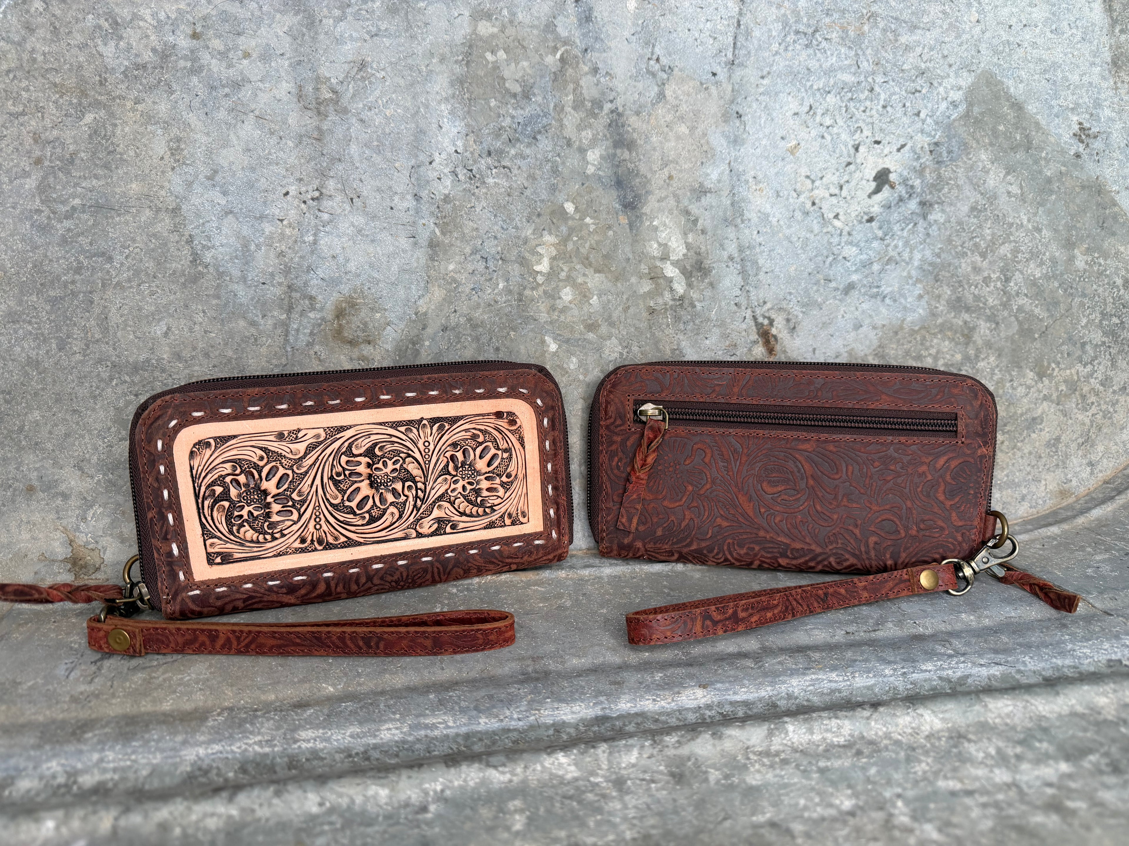Tooled Floral Zip Around Wallet