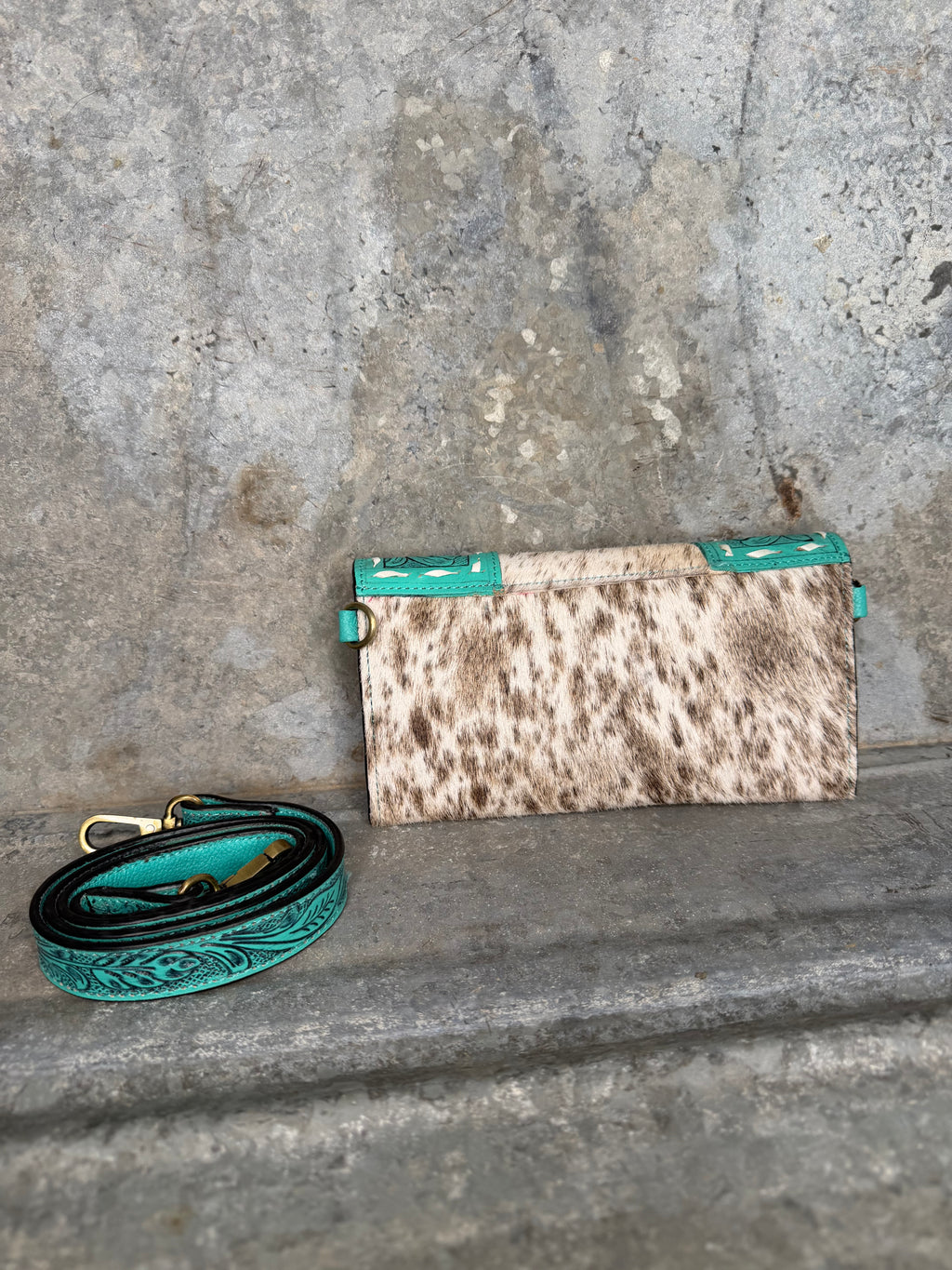 Turquoise Tooled Cowhide Wallet/Crossbody