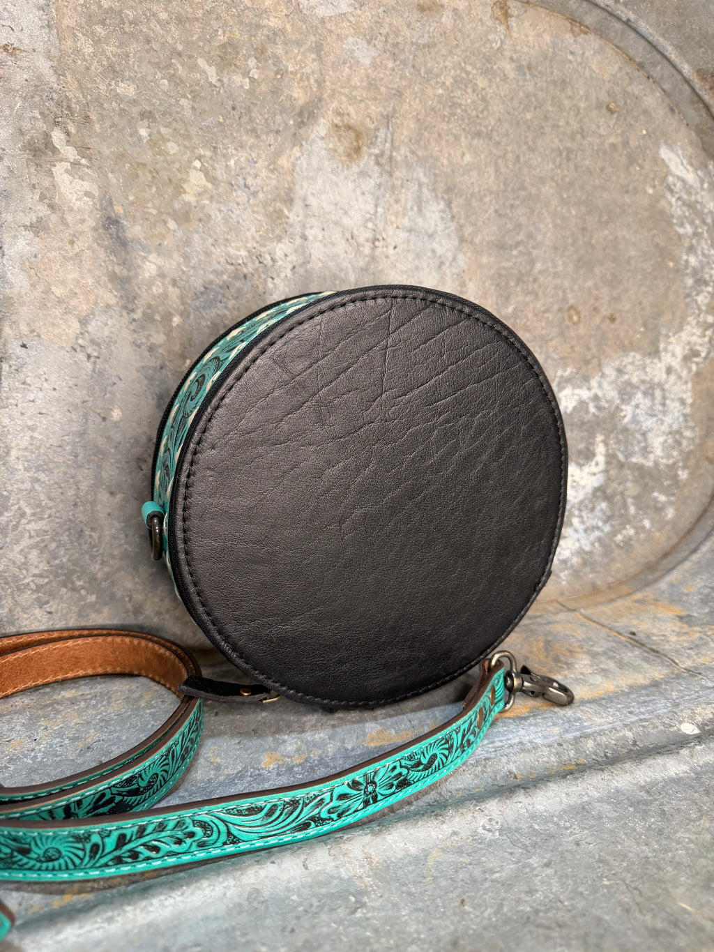 Cowhide / Tooled Round Crossbody Bag