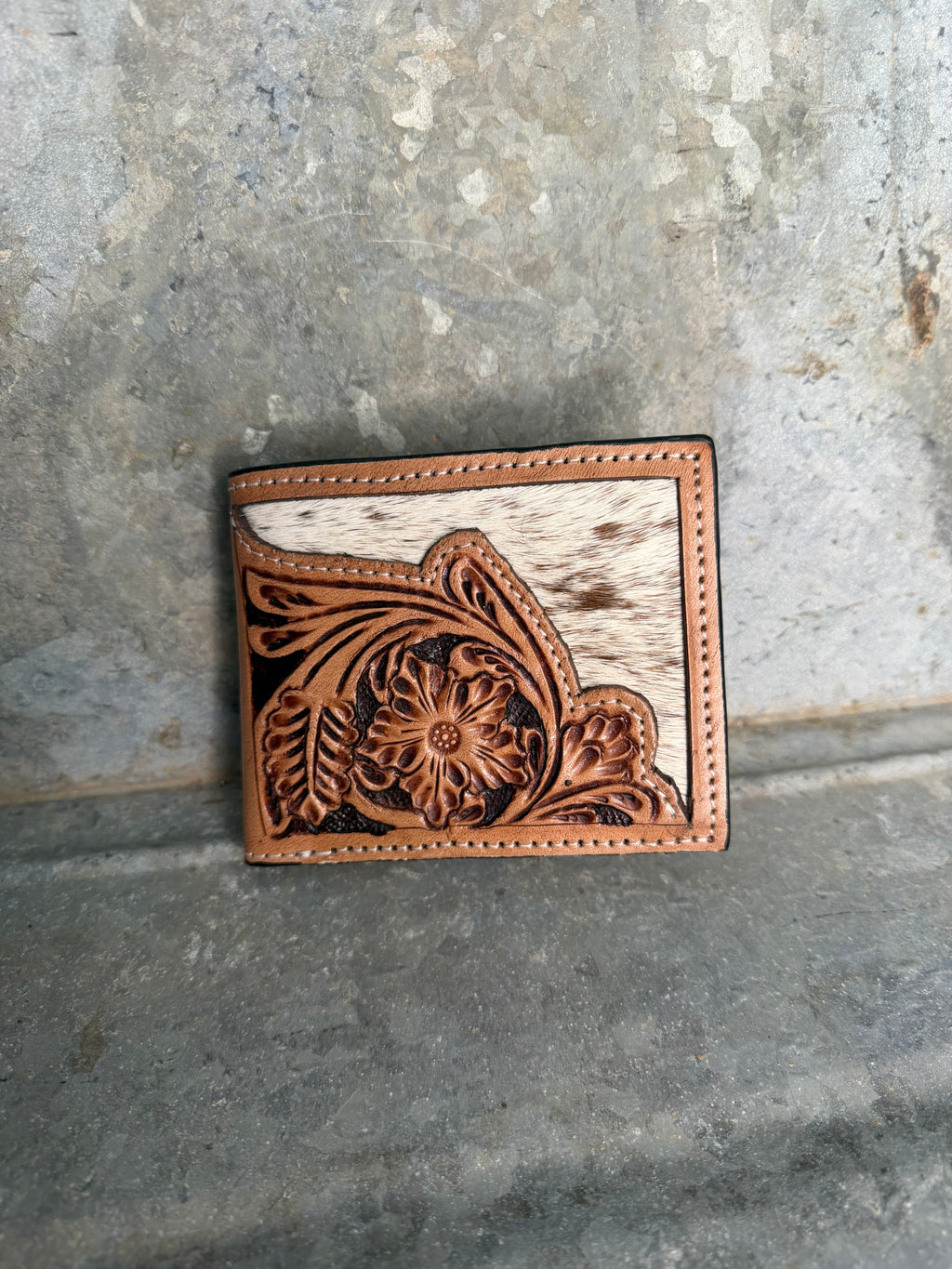 Tooled Leather & Cowhide Bifold Wallet