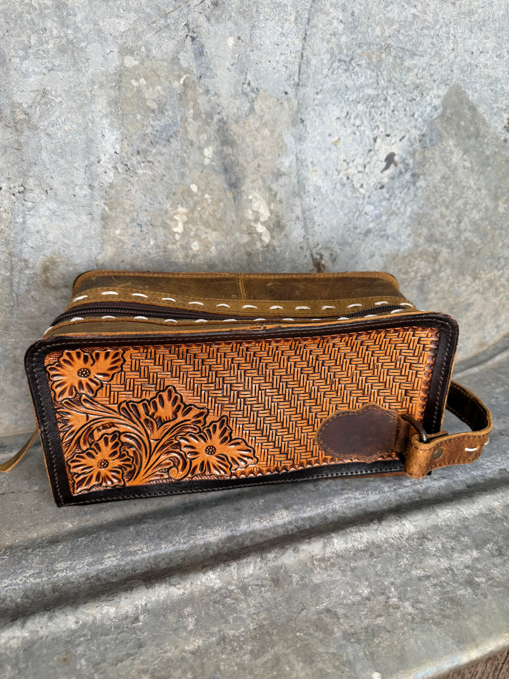Tooled Leather Travel Toiletry Bag