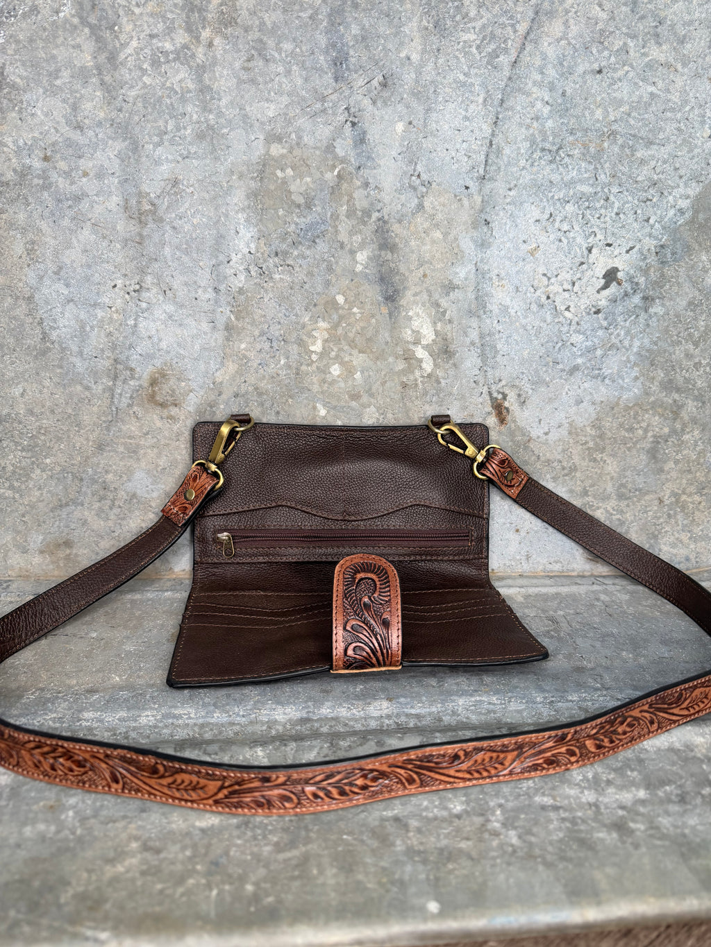 Cowhide Tooled Crossbody Wallet