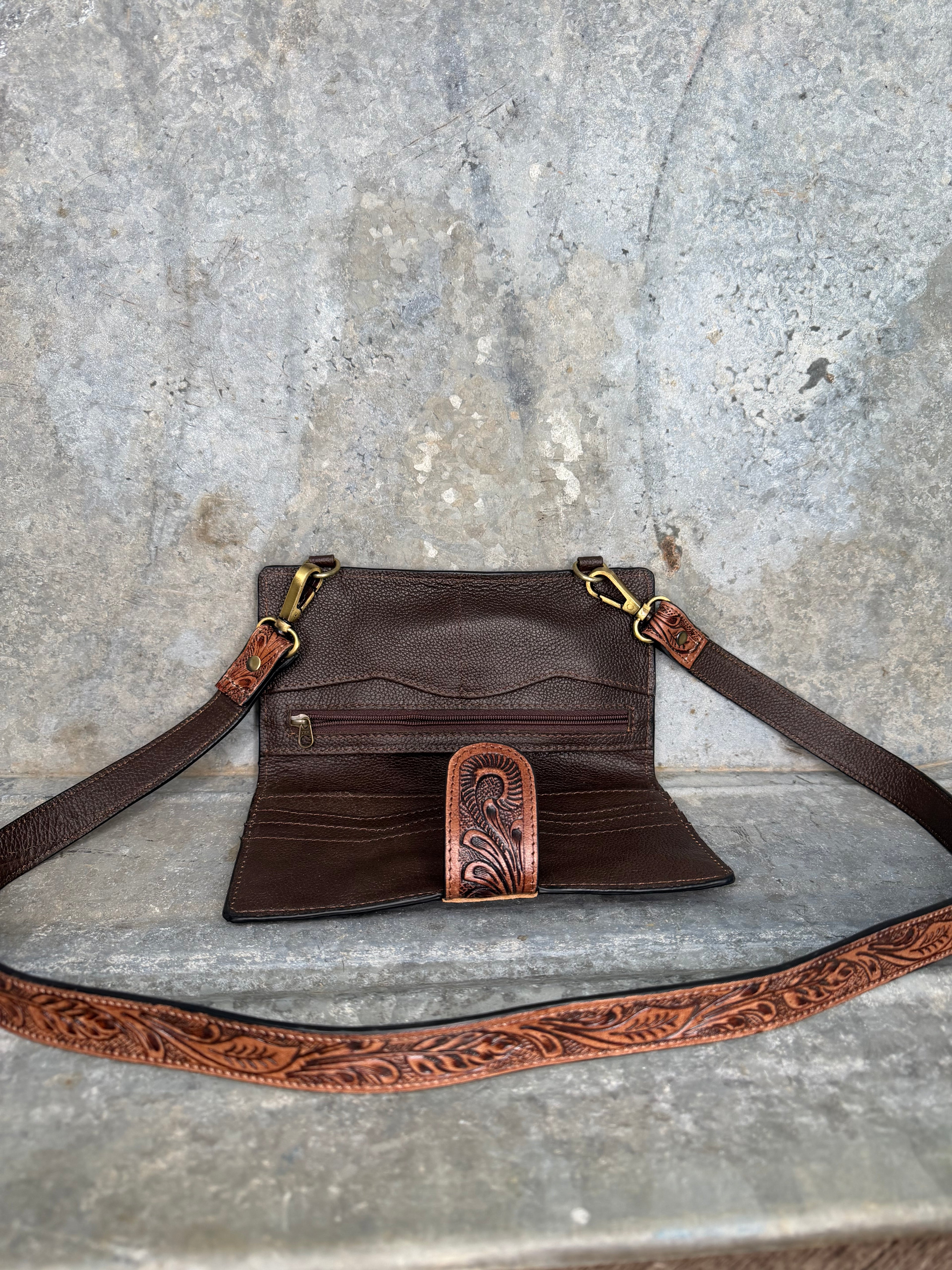 Cowhide Tooled Crossbody Wallet