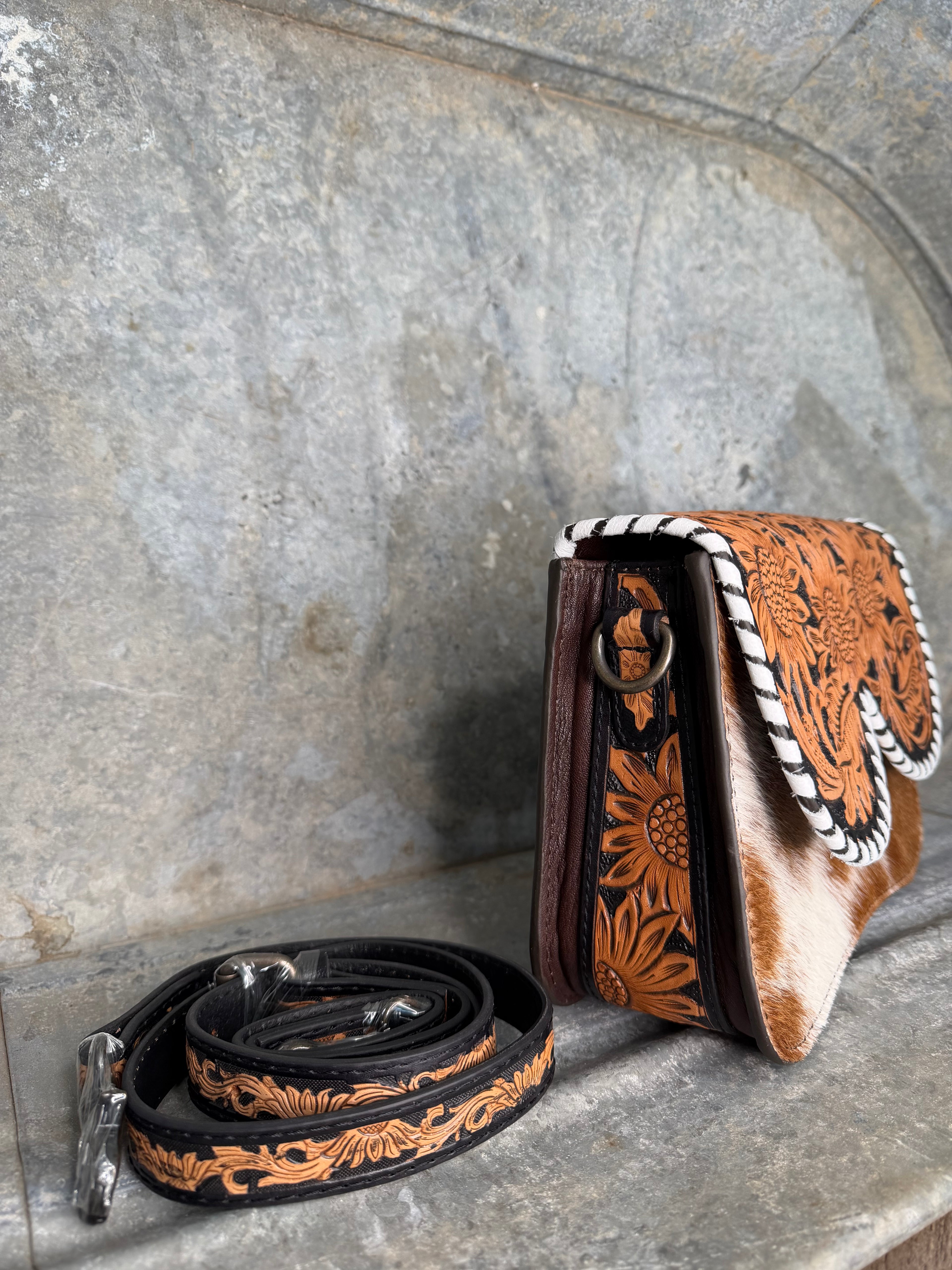 Sunflower Tooled Cowhide Crossbody