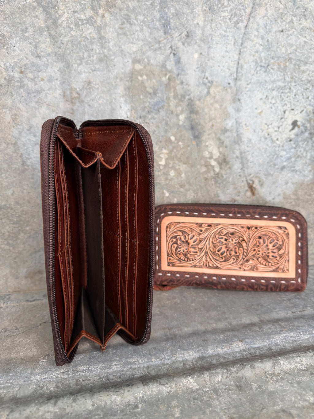 Tooled Floral Zip Around Wallet