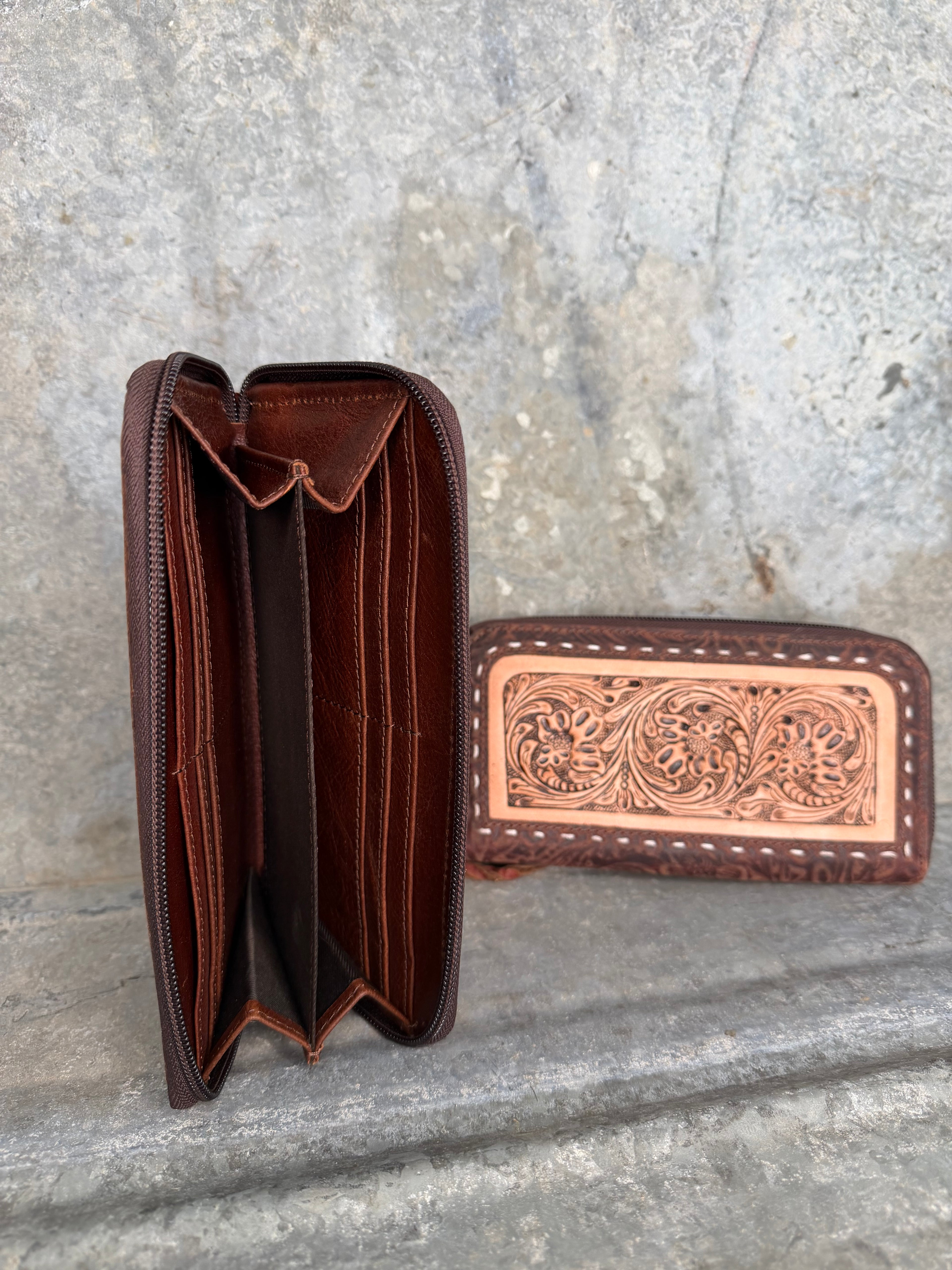 Tooled Floral Zip Around Wallet
