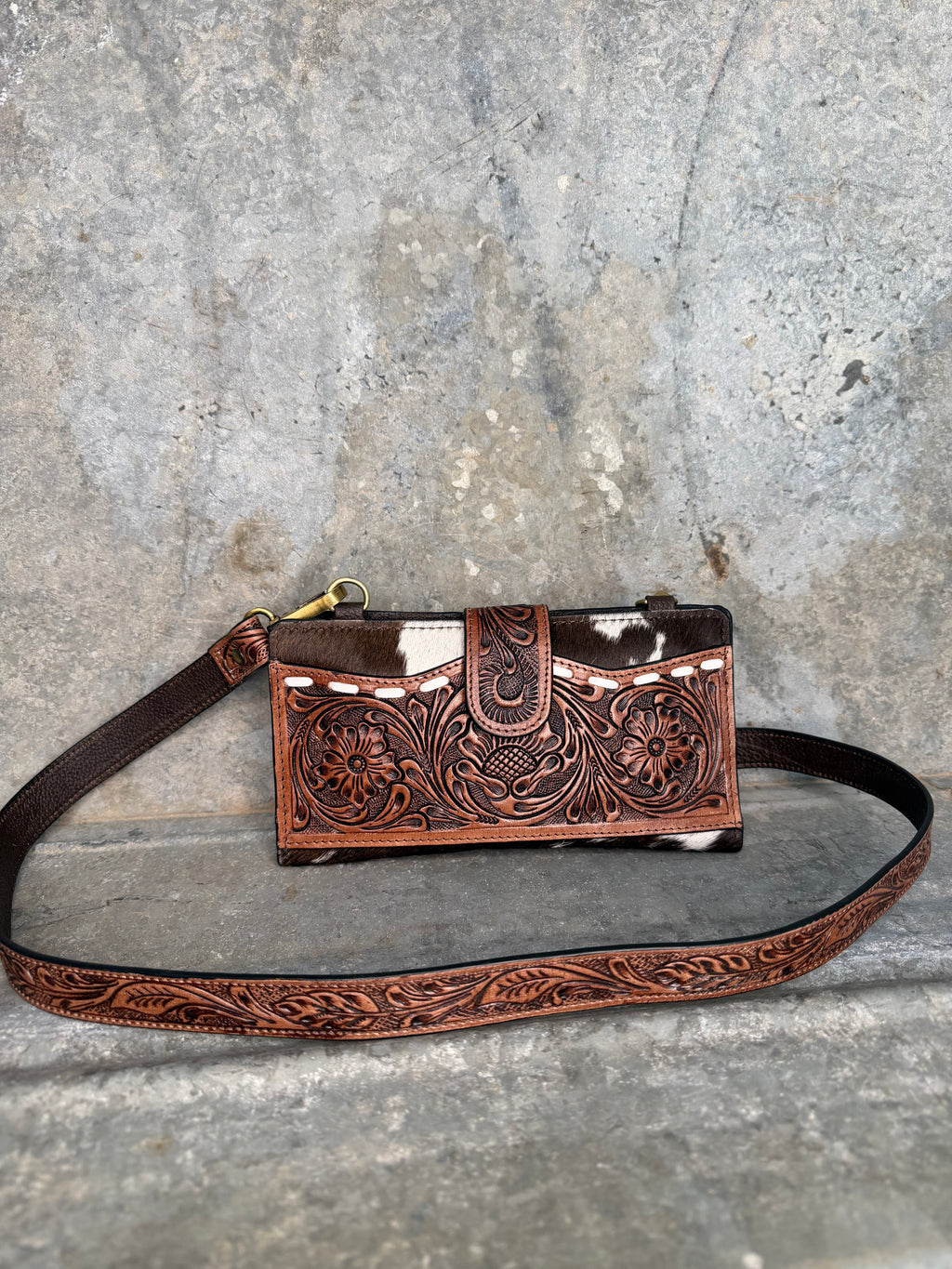 Cowhide Tooled Crossbody Wallet