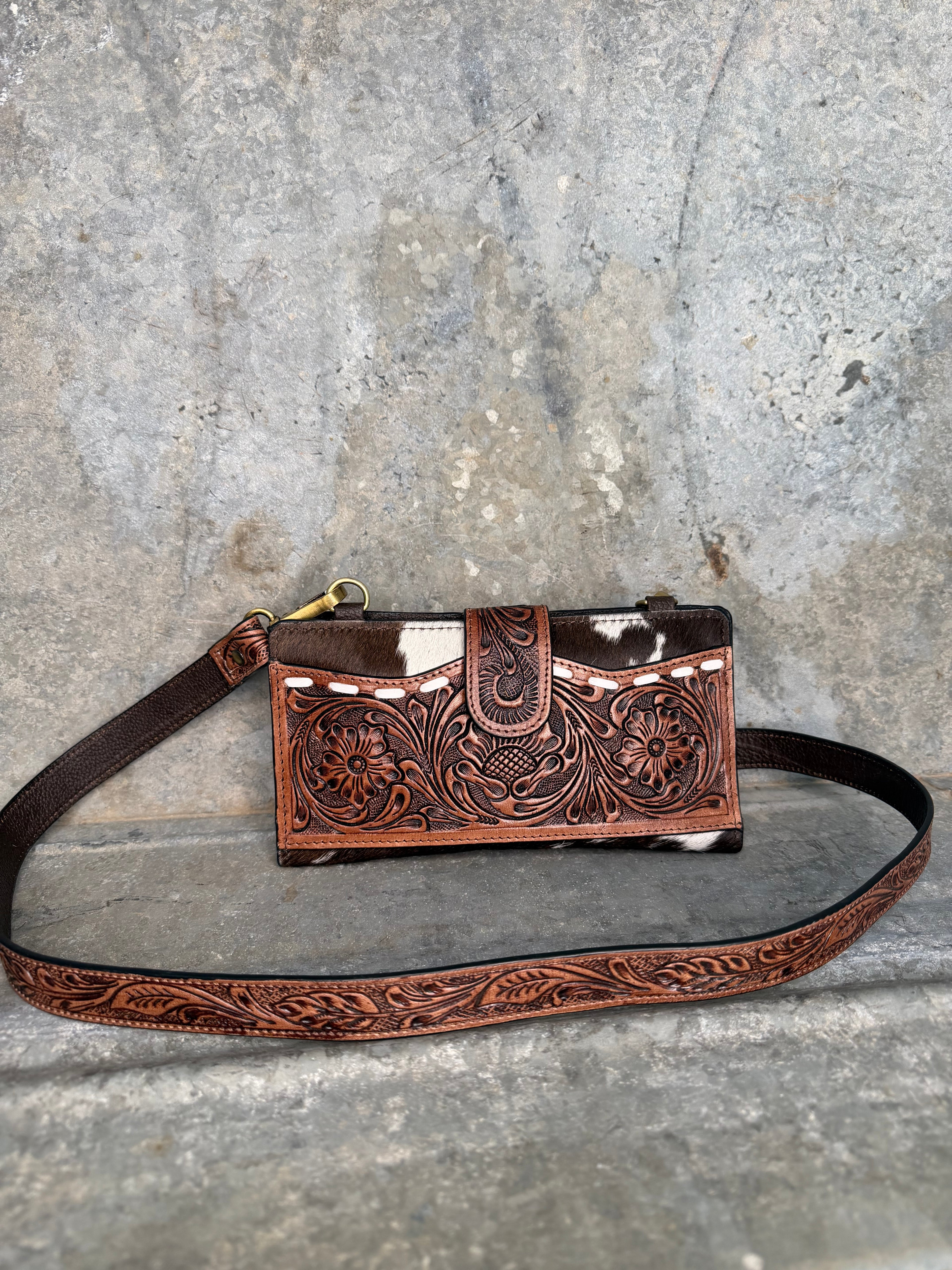 Cowhide Tooled Crossbody Wallet
