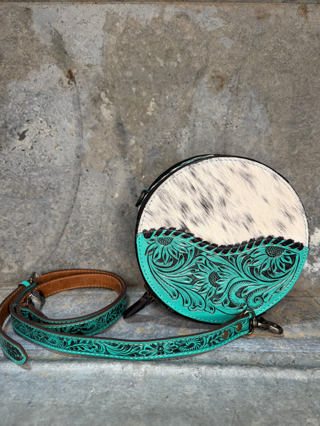 Cowhide / Tooled Round Crossbody Bag