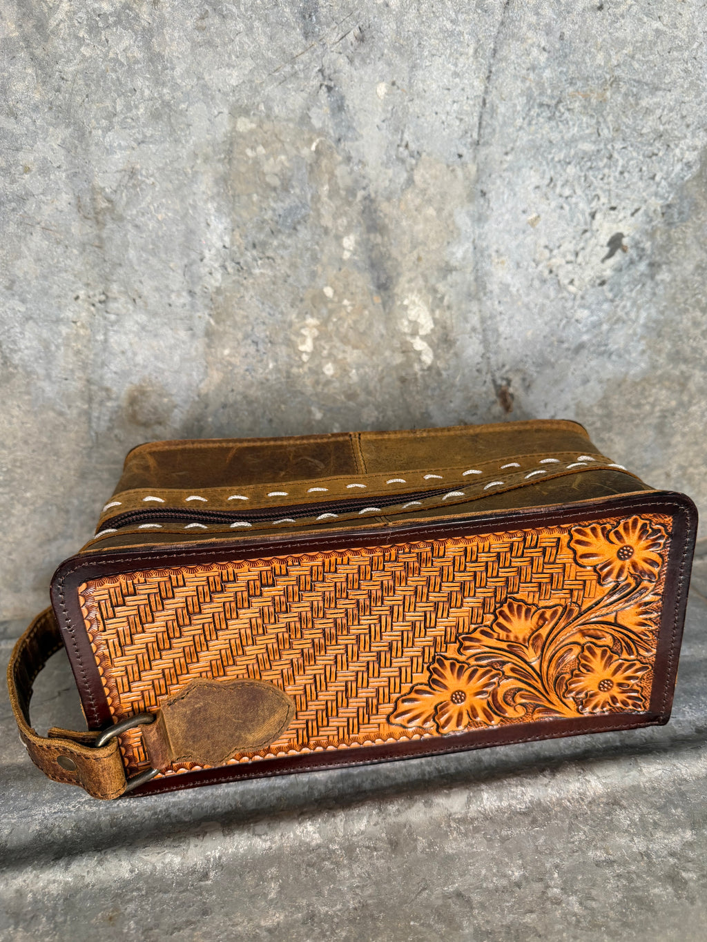 Tooled Leather Travel Toiletry Bag