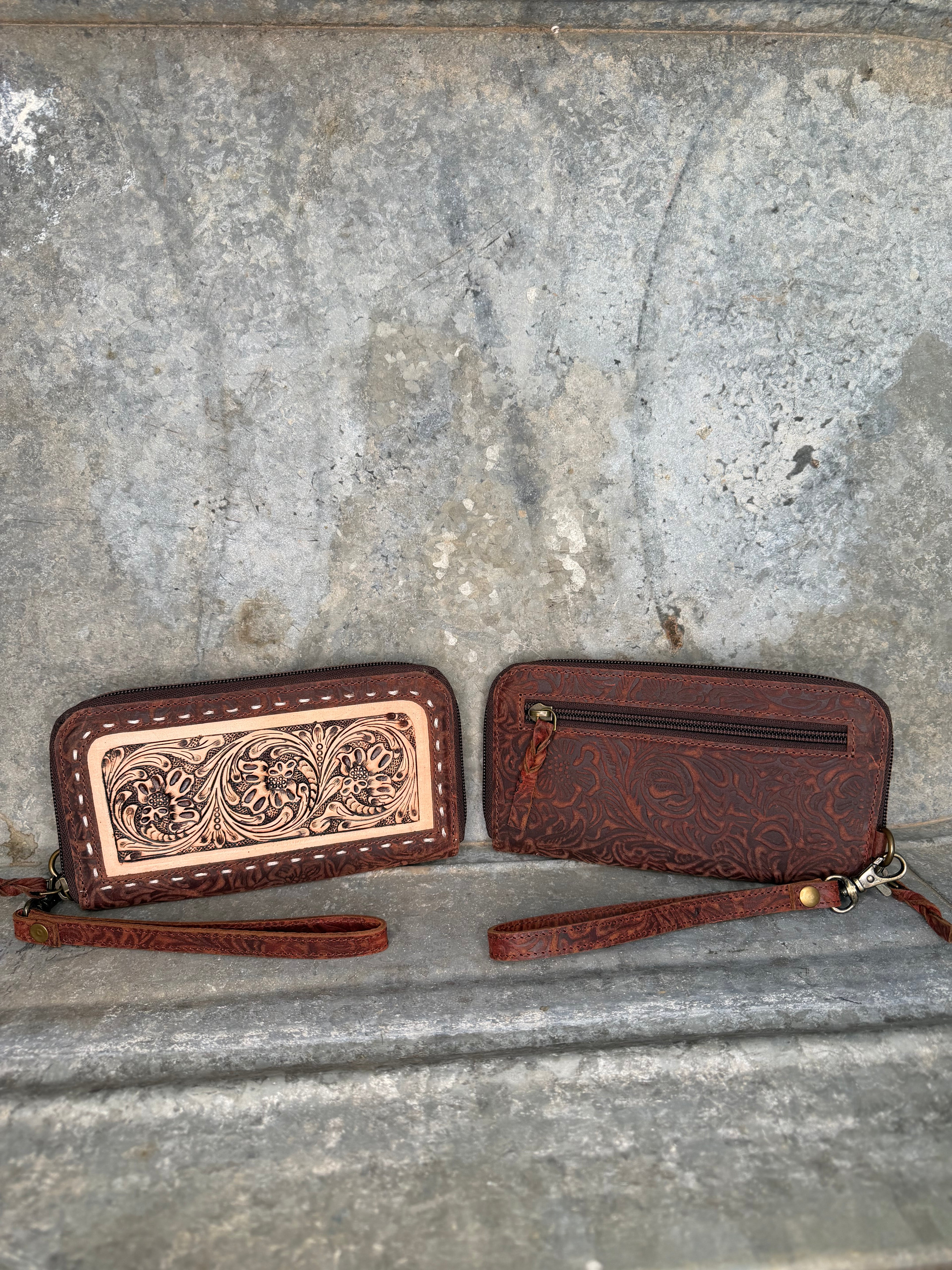 Tooled Floral Zip Around Wallet