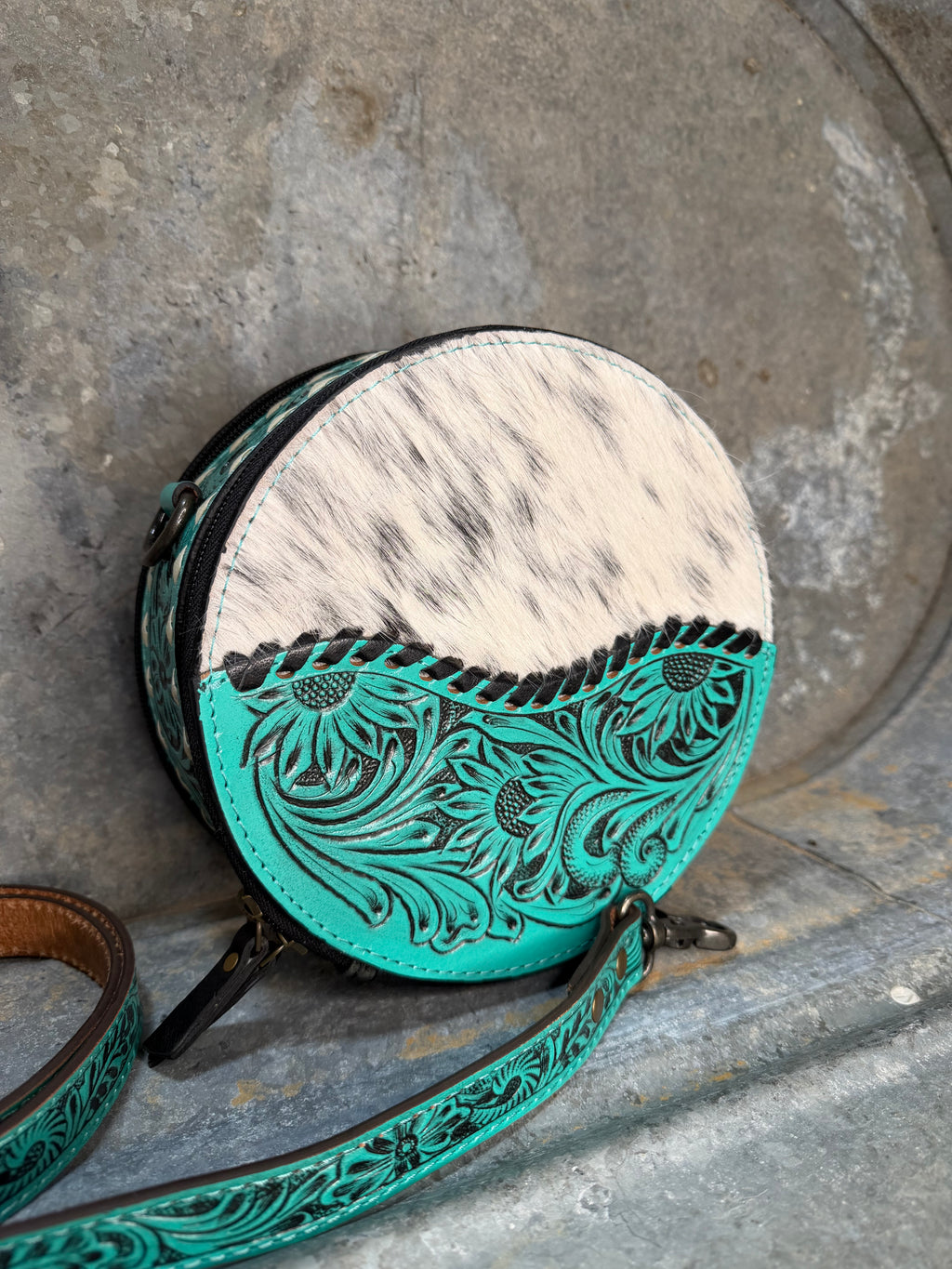 Cowhide / Tooled Round Crossbody Bag