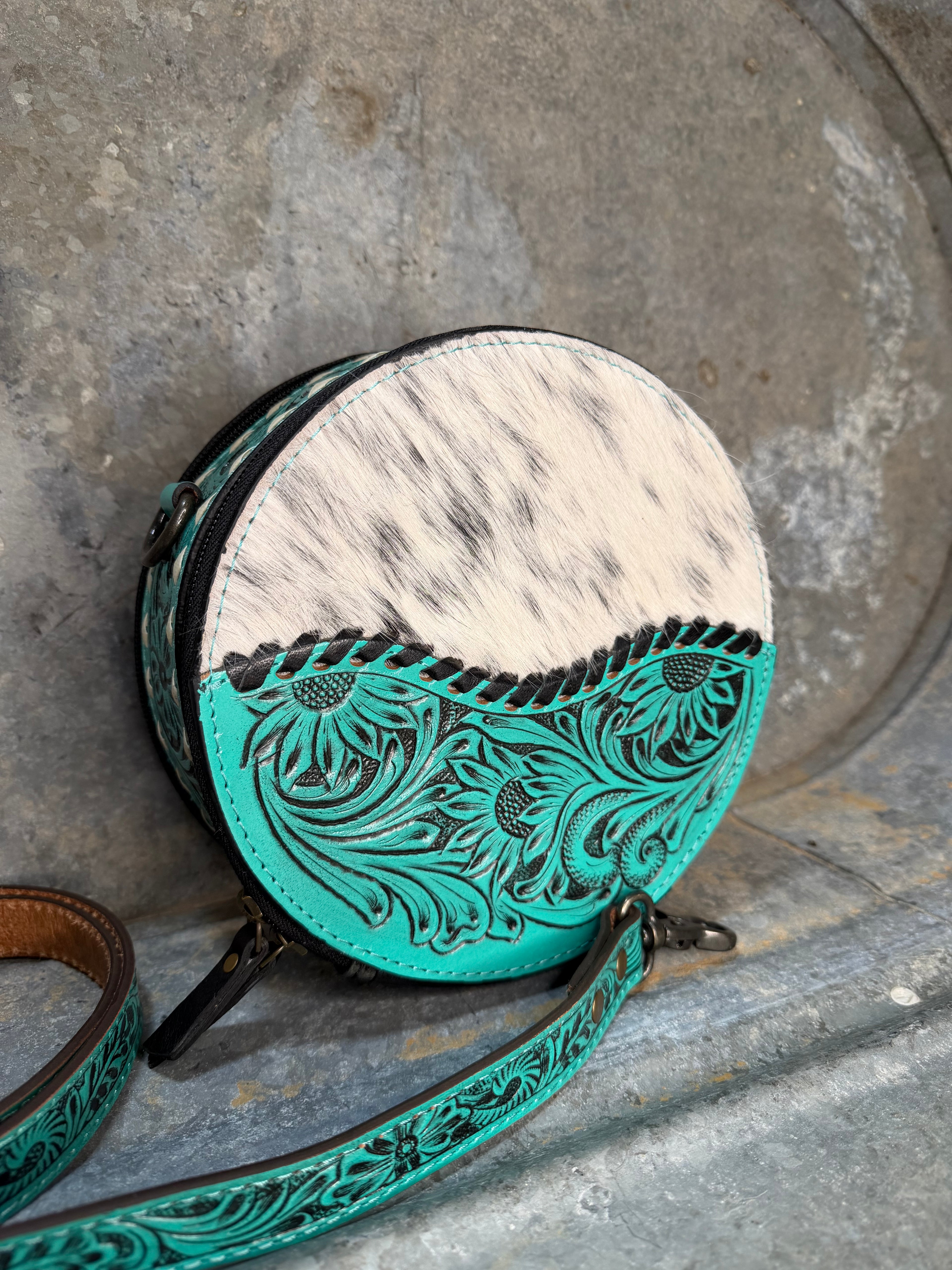 Cowhide / Tooled Round Crossbody Bag