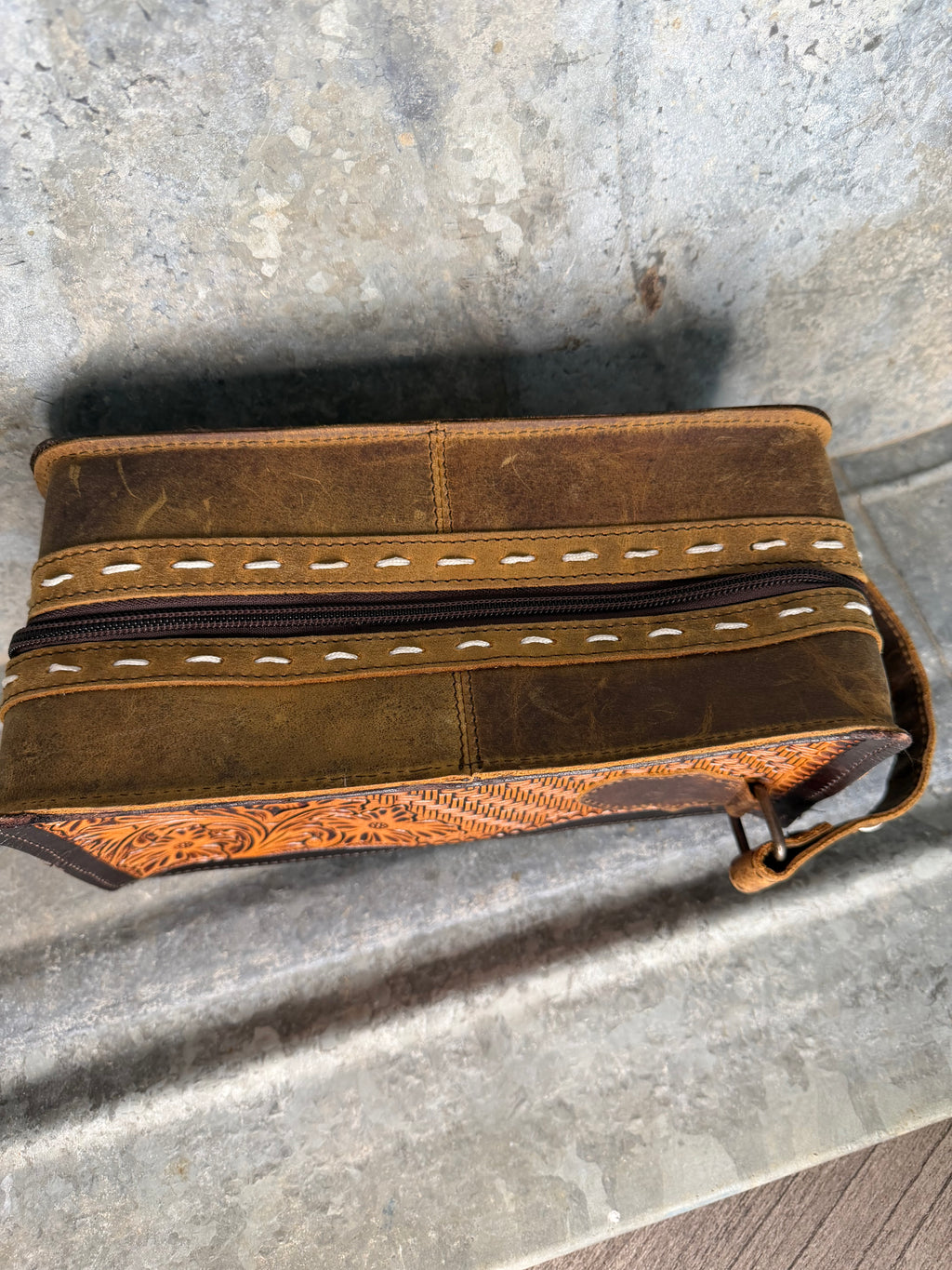Tooled Leather Travel Toiletry Bag