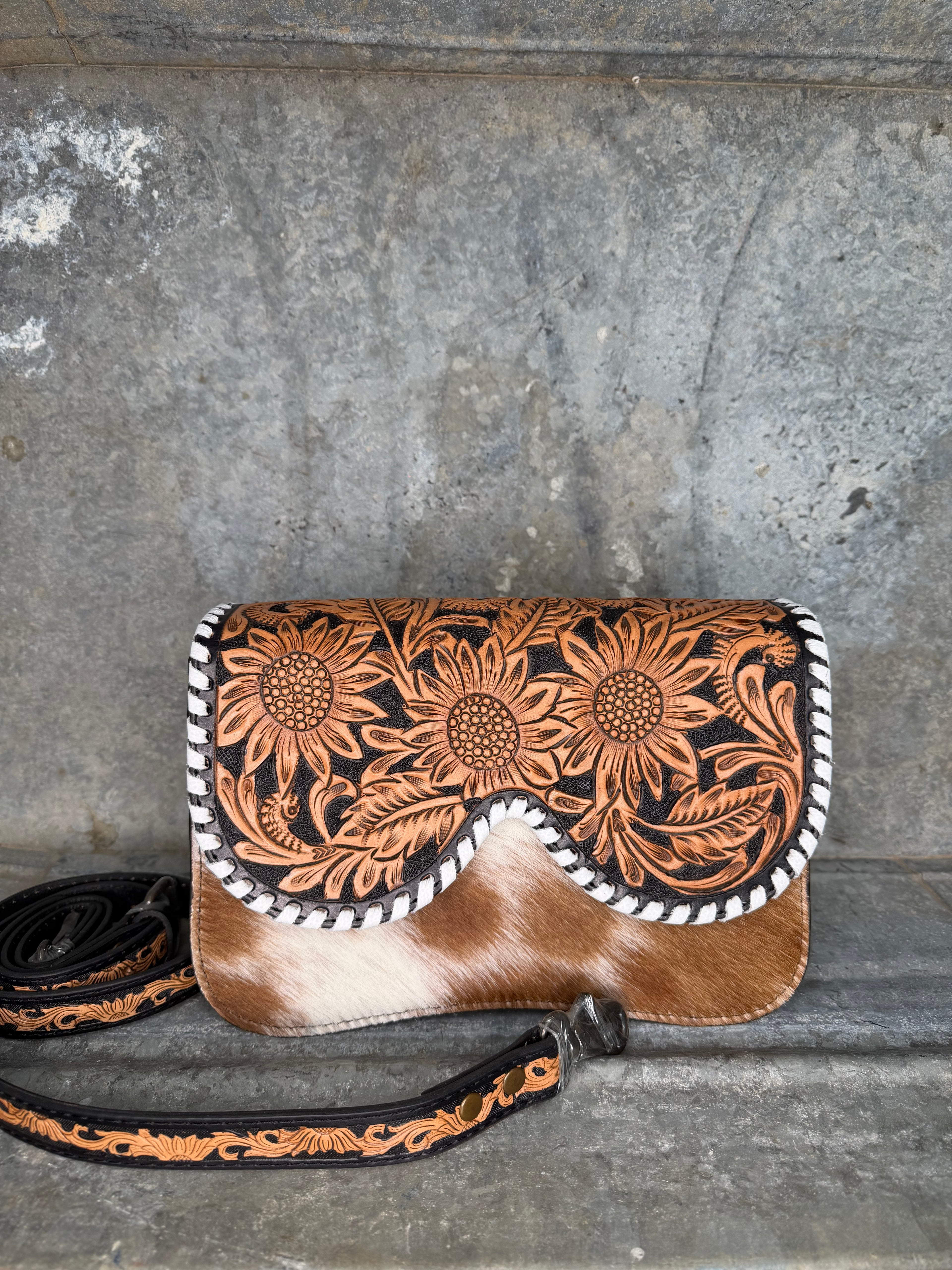 Sunflower Tooled Cowhide Crossbody