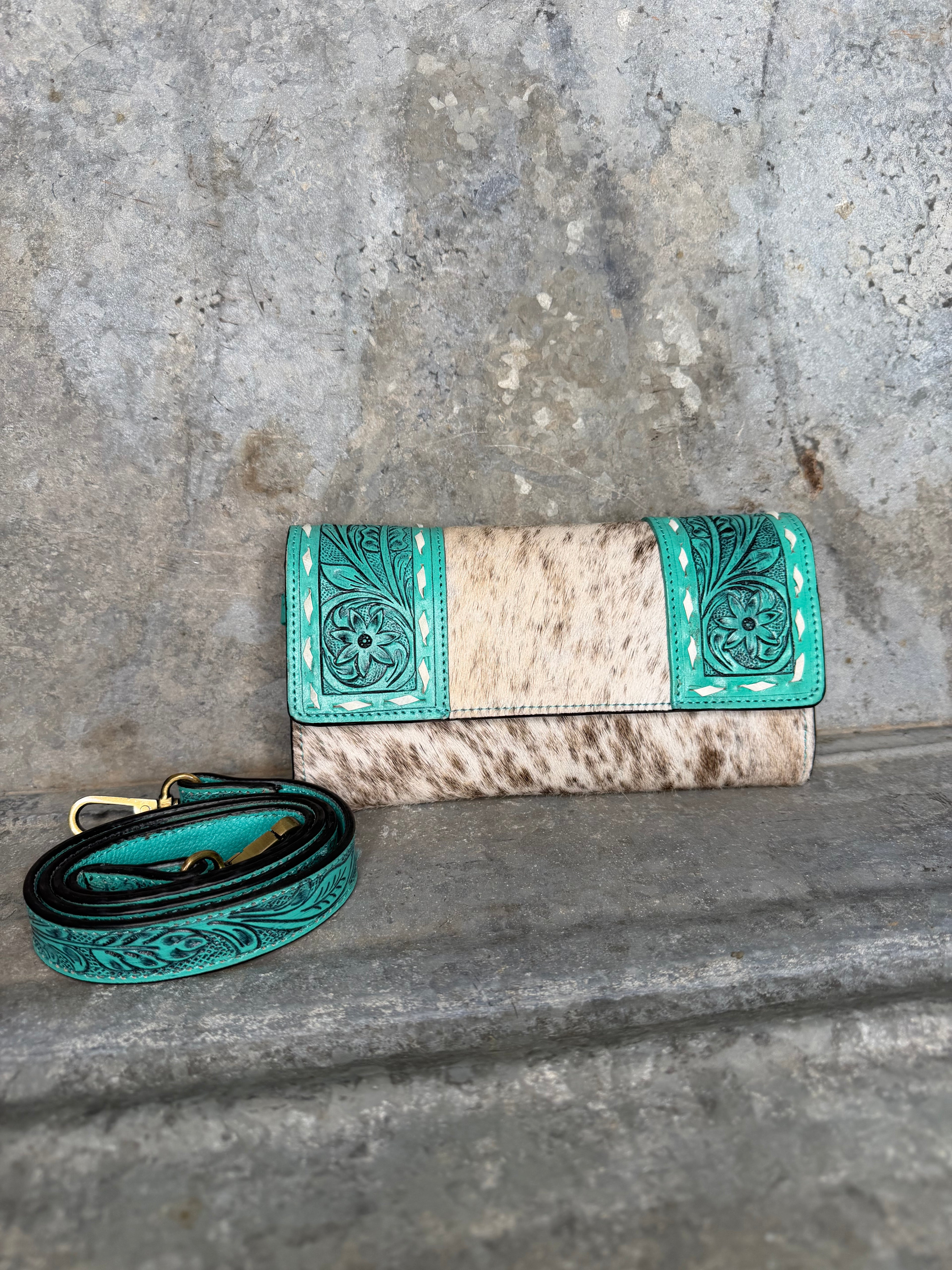 Turquoise Tooled Cowhide Wallet/Crossbody